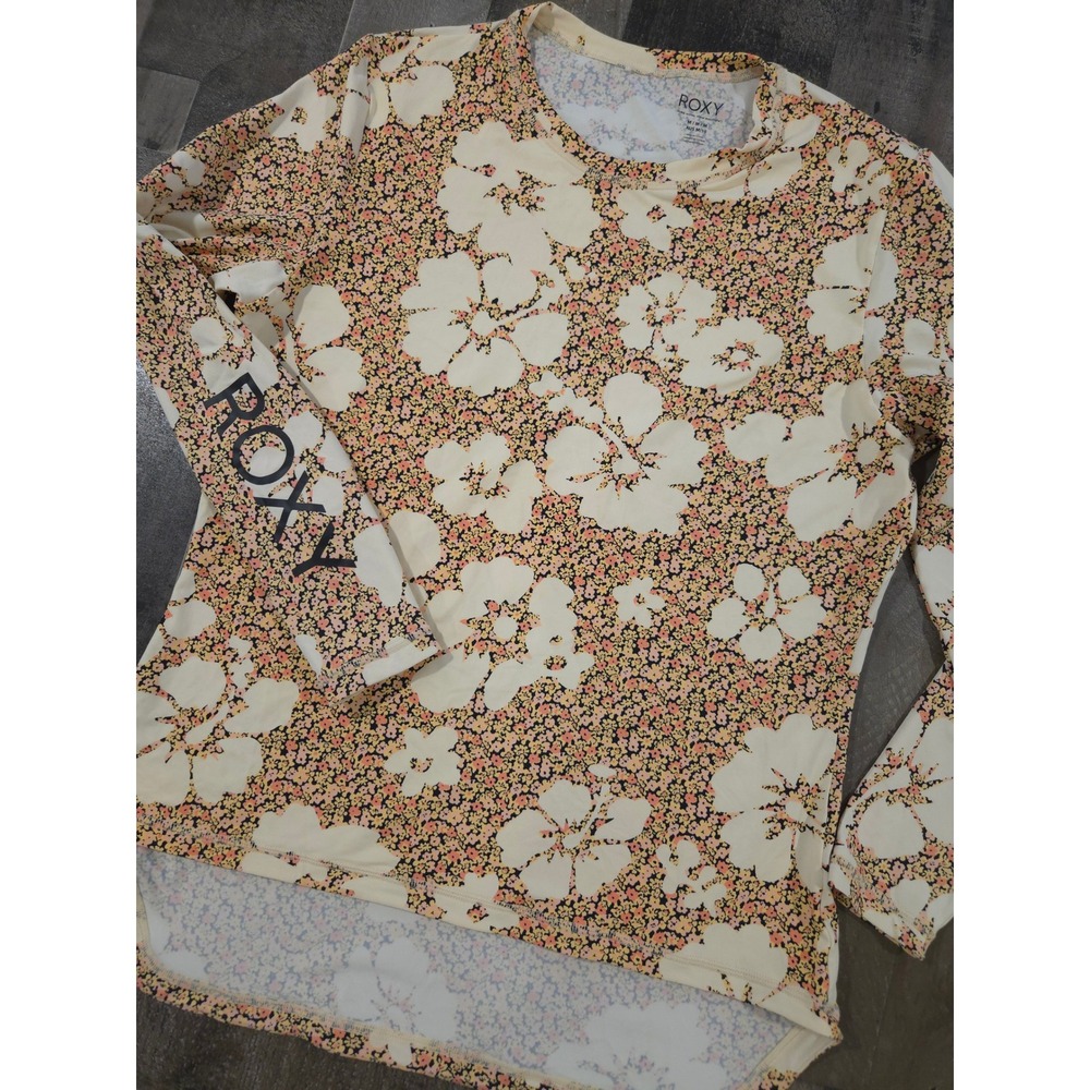 Roxy Womens Floral Long Sleeve Rash Guard Swim Top Cream‎ Hibiscus Peach Size M